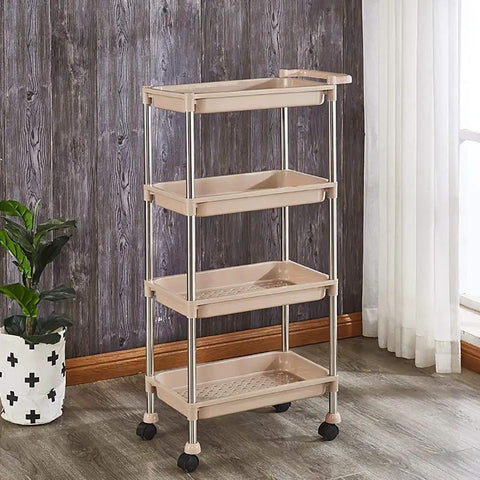 Slick Rolling Utility Cart With Four Roomy Shelves Built From Heavy Duty Plastic And Stainless Steel For Beauty Studios Nail Techs Or Mobile Service Universal Swivel Wheels Let You Haul Your Kit No Sweat On Any Job Site, showcasing four spacious shelves.