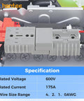 Premium 175A Battery Cable Connector For 1/0 To 4 Gauge Wire installed in vehicle, showing specifications and connections.