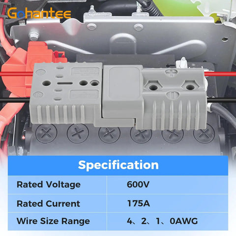 Premium 175A Battery Cable Connector For 1/0 To 4 Gauge Wire installed in vehicle, showing specifications and connections.