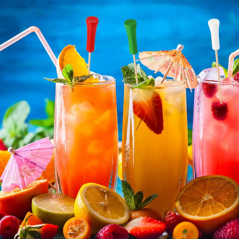 Colorful drinks with Multicolor Golf Tee Picks Set Of 500 For Appetizers And Party Decor Bamboo Toothpicks in fruit garnished glasses