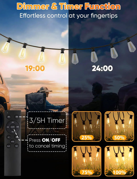 Dimmer and timer function of 120 Foot Outdoor LED String Lights With Remote Waterproof Patio Lighting With 38 Shatterproof ST38 Bulbs
