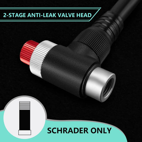2-stage anti-leak valve head of Beast Mode High Pressure Bike Shock Pump With Gauge For Front Forks, Rear Shocks And Tires