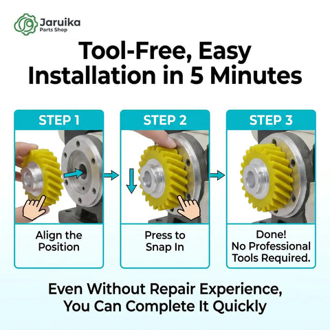 Three Pack Worm Gear Replacement WPW10112253 installation steps for mixers, showing alignment and snap in process.