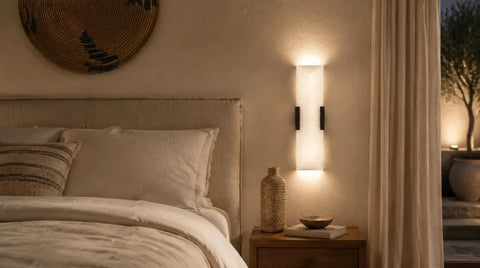 Tonabona 20" LED 18W 3000K Natural Alabaster Marble Farmhouse Bathroom 2 Pack Black Wall Sconce next to a bed.