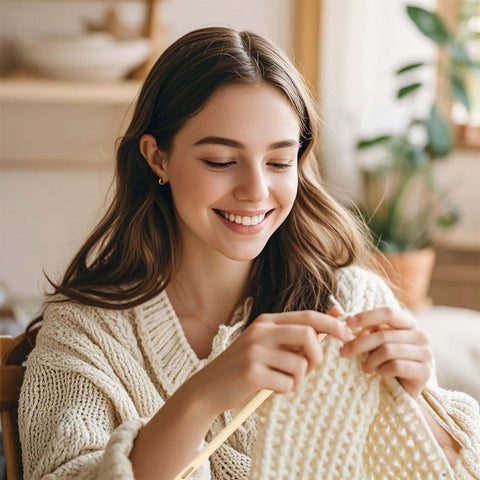 Person knitting with Three Different Sized Nalbinding Needle Set For Knitting And Crochet Large Wooden Bamboo Yarn Needles.