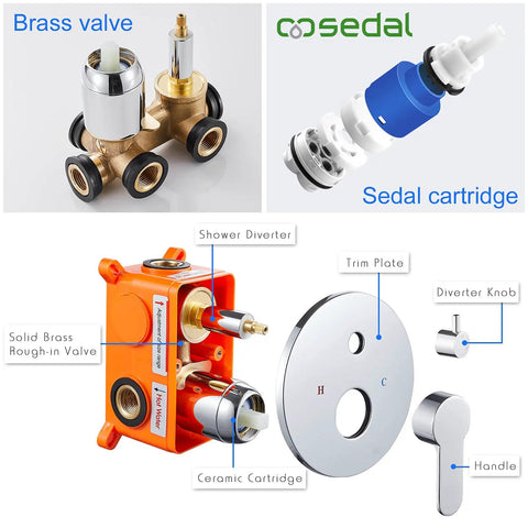 Components of the Bathtub Shower Faucet Set With Valve And Tub Spout 10 Inch Rain Shower Head And Handheld System Wall Mount Chrome Finish