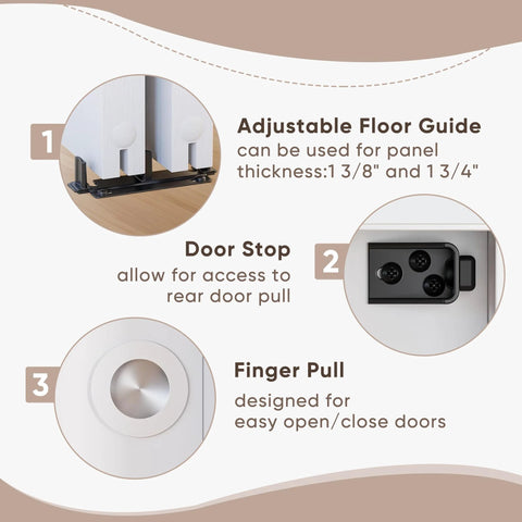 Heavy Duty Bypass Sliding Closet Door Hardware Set with Soft Close Mechanism for Two Doors showing adjustable floor guide.