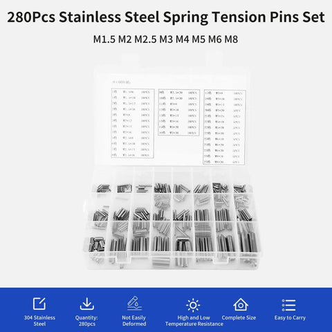 280 Piece 304 Stainless Steel Roll Pin Assortment Kit With Metric Slotted Spring Pins M1.5 To M8 in plastic case