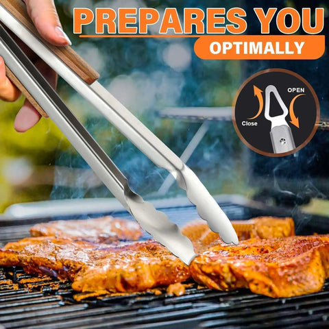 Heavy Duty 4 Piece BBQ Tool Set With Stainless Steel Spatula Tongs Fork And Cleaning Brush Wood Handle Outdoor Grill Utensils Kit Perfect Dad Gift For Backyard Grillin And Summer Cookouts