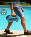 Person holding Badass Cordless Transfer Pump For Water And Diesel 760 GPH With 65 Foot Lift And Dual 4.0 Ah Batteries near pool.