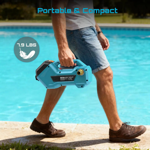 Person holding Badass Cordless Transfer Pump For Water And Diesel 760 GPH With 65 Foot Lift And Dual 4.0 Ah Batteries near pool.