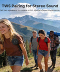 Group hiking with StormBox Micro 3 Portable Bluetooth Speaker With IP68 Waterproofing, 13W XBass Tech clipped.
