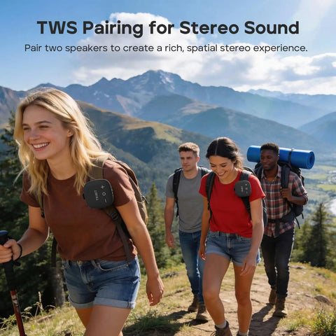 Group hiking with StormBox Micro 3 Portable Bluetooth Speaker With IP68 Waterproofing, 13W XBass Tech clipped.