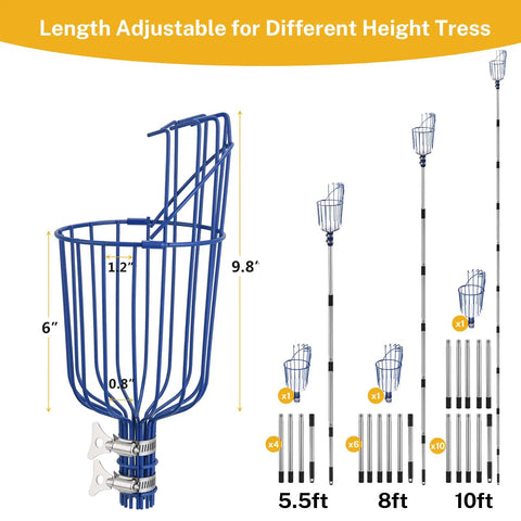 Adjustable Fruit Picker Tool With Telescoping Pole And Basket No Ladder Needed Reaches Up To 20 Feet demonstration and dimensions.