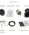 52mm oil pressure gauge kit with 1/8 NPT sensor, gauge cup, U-holder, power wire, screws, and instruction sheet.