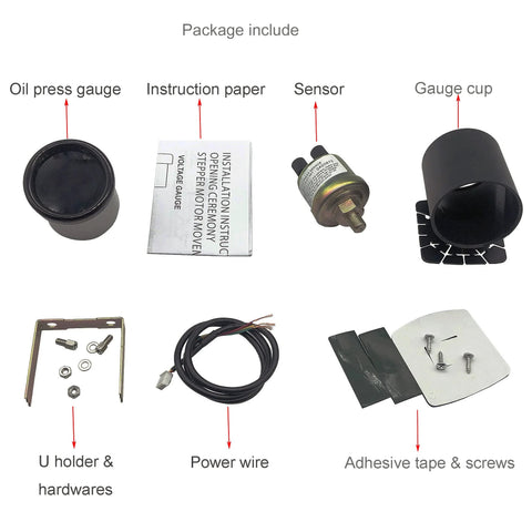 52mm oil pressure gauge kit with 1/8 NPT sensor, gauge cup, U-holder, power wire, screws, and instruction sheet.