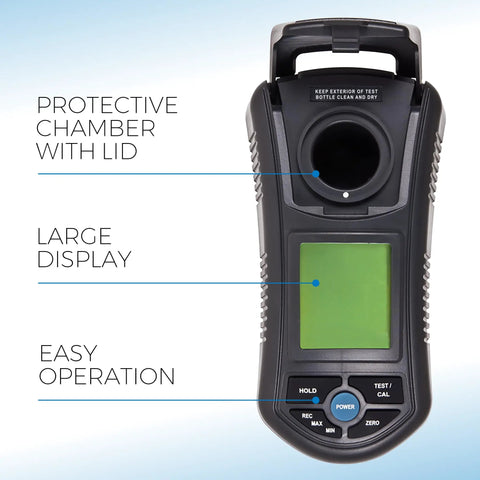 Portable Digital Chlorine Meter for Pools and Spas with Large LCD Display Measures Free and Total Chlorine, front view