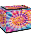Boho Tie Dye Storage Bins With Lids Foldable Closet Organizers in colorful tie-dye design measuring 14x10x10 inches.