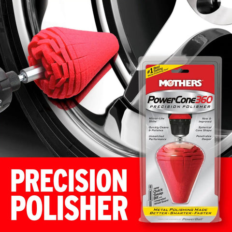 PowerCone 360 Polishing Tool With Quick Swap Bit For Deep Safe Metal Polishing In Hard To Reach Areas Wheel Guard Keeps Edges Spokes Protected And Smooth Pro Grade For Wheels And Curved Surfaces displayed in packaging and in use on wheel