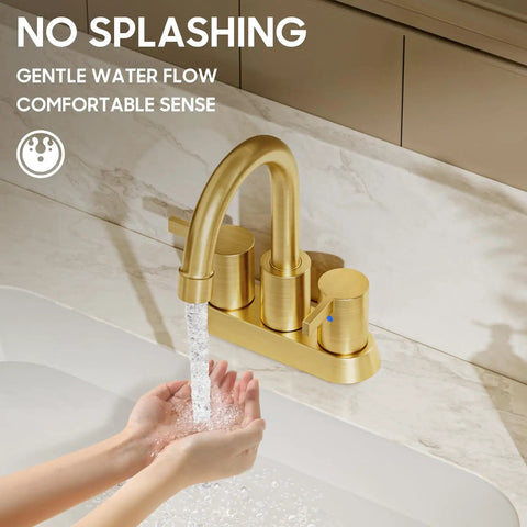 Brushed Gold 4 Inch Centerset Lead Free Bathroom Faucet With Two Handles Dope Swivel Spout Copper Pop Up Drain And Two Water Supply Lines For Easy Install And Clean Look with water running into hands in sink