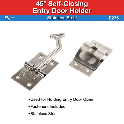 45 Degree Stainless Steel Entry Door Holder for RVs With Spring Loaded Self Closing Mechanism Heavy Duty Angled T Handle Design