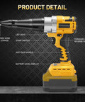 Cordless Pro Grade Rivet Gun Compatible With 20V Max Batteries, highlighted features, yellow body, tool details visible.