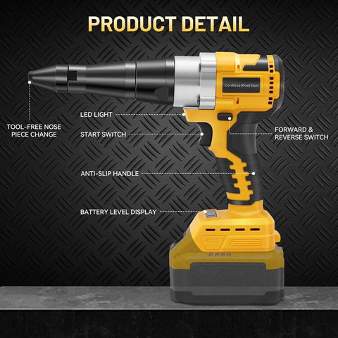 Cordless Pro Grade Rivet Gun Compatible With 20V Max Batteries, highlighted features, yellow body, tool details visible.
