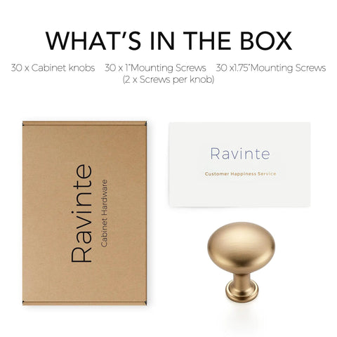 Box contents of Champagne Bronze Mini Round Cabinet Knobs Set, 1 Inch Diameter, Solid Metal Drawer Pulls, 30 Pack.