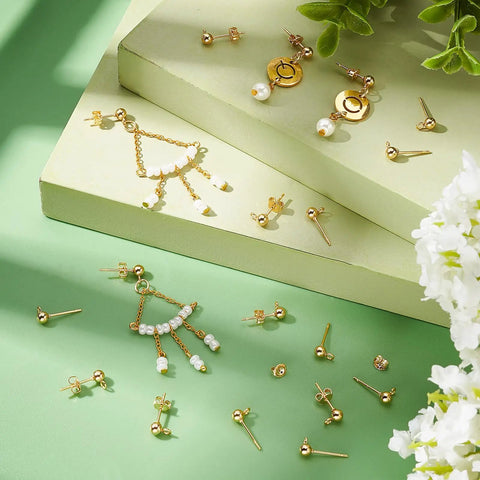 18K Gold Plated Ball Post Earring Studs With Loop Kit For DIY Earrings Making, 300 Pieces Including 100 Loop Posts, 100 Stainless Steel Open Jump Rings, And 100 Ear Nuts For Jewelry Crafting, gold plated stud earrings with pearl charms