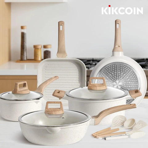 16 Piece Ceramic Pots And Pans Set Nonstick With 9.5 Inch Grill Pan Induction Compatible PFAS Free PTFE Free PFOA Free White