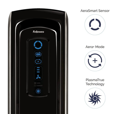 Front panel of No Nonsense 4 Stage Hospital Grade Filtration Air Purifier With True HEPA For Small Rooms 100 To 200 Sq Ft Auto Air Quality Sensor Ultra Quiet Black AeraMax 90 showing controls and features.