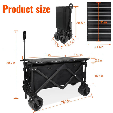 Heavy Duty Collapsible Folding Wagon With Built In Table, 440 Lb Capacity Utility, all-terrain wheels, size dimensions shown