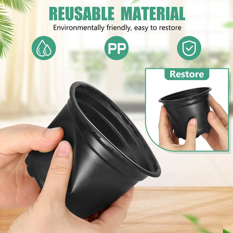 Hands holding 120 Pack 4 Inch Plastic Nursery Pots With Drainage Holes For Seedlings And Succulents, Lightweight Durable Plant Pots For Transplants, Seed Starter Pots For Gardening And Propagation, showing flexible material.