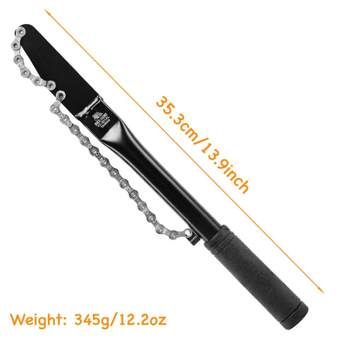 Pro Grade Cassette Removal Tool Kit for Shimano and Sram Freewheel Turner with chain whip, 35.3cm handle, 345g weight.