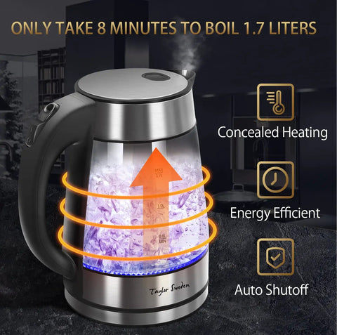 Glass Electric Kettle 1.7 Liter Fast Boil Cordless Water Boiler for Tea and Coffee with Auto Shutoff and Boil Dry Protection BPA Free.