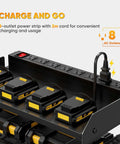 Power Tool Organizer Wall Mount With Charging Station And 8 Outlet Power Strip Pro Grade Heavy Duty Metal Tool Rack shown with batteries