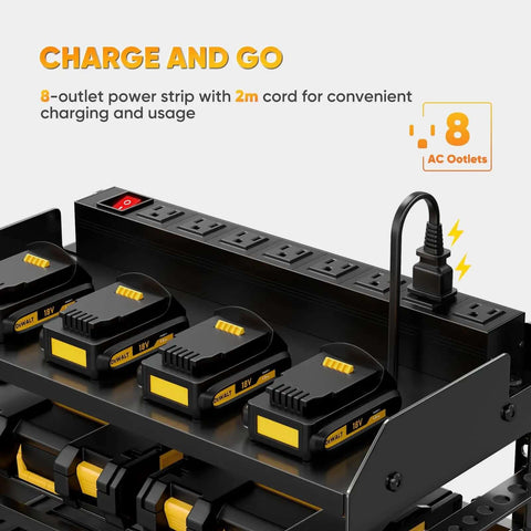 Power Tool Organizer Wall Mount With Charging Station And 8 Outlet Power Strip Pro Grade Heavy Duty Metal Tool Rack shown with batteries
