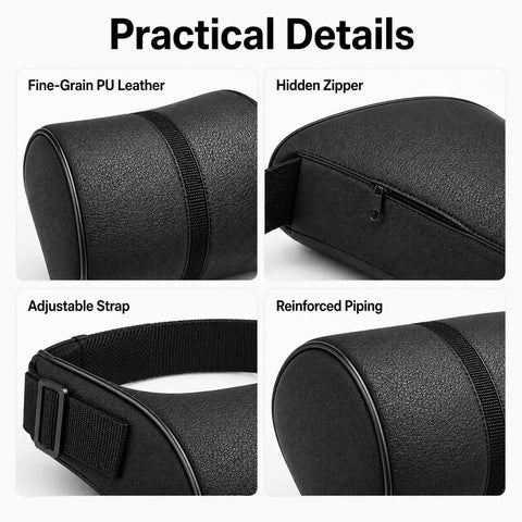 Practical details of Slick Comfort Memory Foam Car Headrest Neck Pillow For Tesla Cybertruck 2024 To 2026, showing adjustable strap and hidden zipper.
