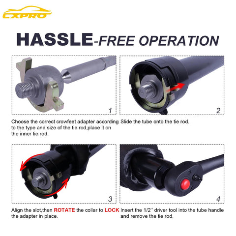 CXPRO inner tie rod removal tool kit, front view showing 1/2-inch drive head and crowfoot adapters.
CXPRO inner tie rod removal tool kit, side view of long drive tube.
CXPRO inner tie rod removal tool kit, close-up of collar alignment and locking.
CXPRO inner tie rod removal tool kit, installed on handle with red release button.