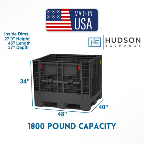Heavy Duty Collapsible Storage Bin Built Tough 48 X 40 X 34 Inches with Quick Grip Access Doors 1800 Lb Weight Limit shown from side view.