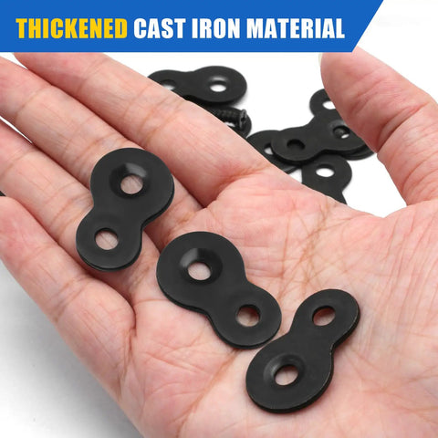 20 Piece Heavy Duty Figure Eight Table Top Fasteners Thick Iron Desktop Connectors in hand, showcasing solid black metal joiners.