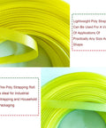 No Sweat Polypropylene Banding Strapping Kit With Dead Simple Dual Handle Packaging Tensioner And Tough Yellow Plastic Strap Rounds close-up of yellow polypropylene strap roll.