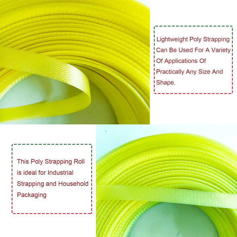 No Sweat Polypropylene Banding Strapping Kit With Dead Simple Dual Handle Packaging Tensioner And Tough Yellow Plastic Strap Rounds close-up of yellow polypropylene strap roll.