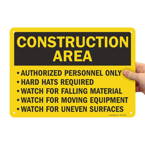 Construction Zone Warning Sign 10 By 14 Inches Heavy Duty Aluminum Plate authorized personnel only hard hats required.