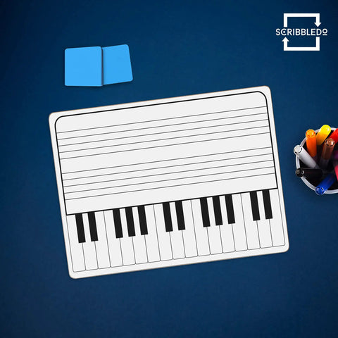 11 By 14 Inch Keyboard Practice Dry Erase Lapboard Double Sided Music Staff Whiteboard on a table with markers