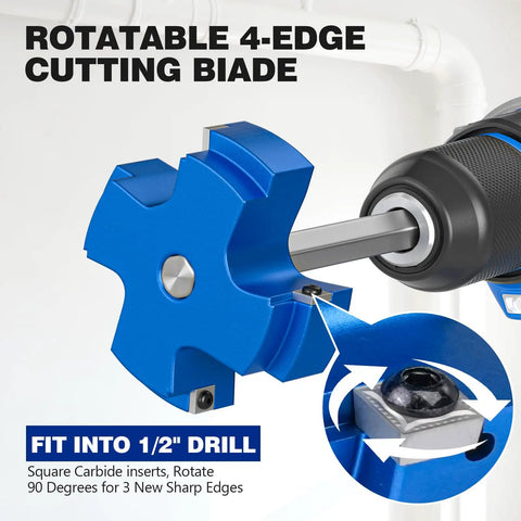 Close-up of rotatable 4-edge cutting blade from Four Size PVC Pipe Reamer Kit with Four Blades for No Fuss Pipe Prep.
