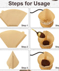 Steps showing the usage of Real Deal Unbleached Number Four Cone Coffee Filters Pack Of One Hundred for drip coffee brewing.