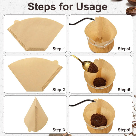 Steps showing the usage of Real Deal Unbleached Number Four Cone Coffee Filters Pack Of One Hundred for drip coffee brewing.