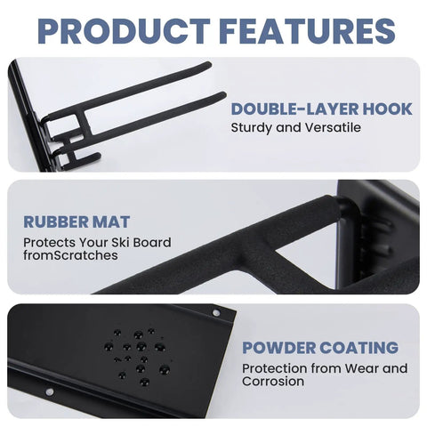 Heavy Duty Ski And Snowboard Wall Mount Rack Hangs And Stashes 6 Pairs Of Boards features double-layer hook, rubber mat, and powder coating.