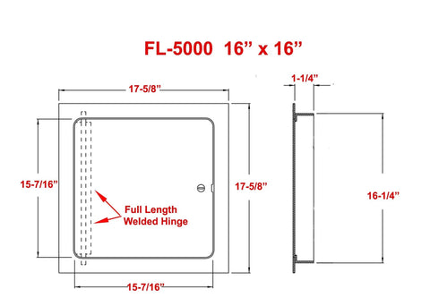 Diagram of Heavy Duty 16x16 Universal Steel Flush Access Door with Keyed Cylinder Latch showing dimensions and side view.